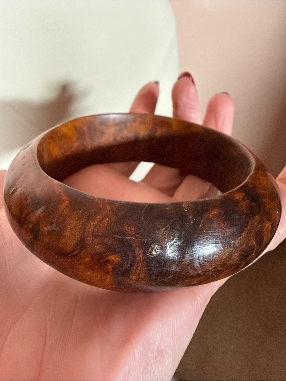 Vintage Carved Olive Wood Boho handmade wide chunky Bangle bracelet minimalist